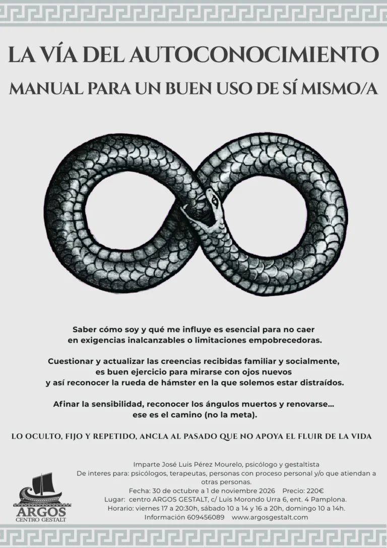 Cartel del taller La vía del autoconocimiento con José Luis Pérez Mourelo, del 30 de octubre al 1 de noviembre de 2026 en Argos Centro Gestalt